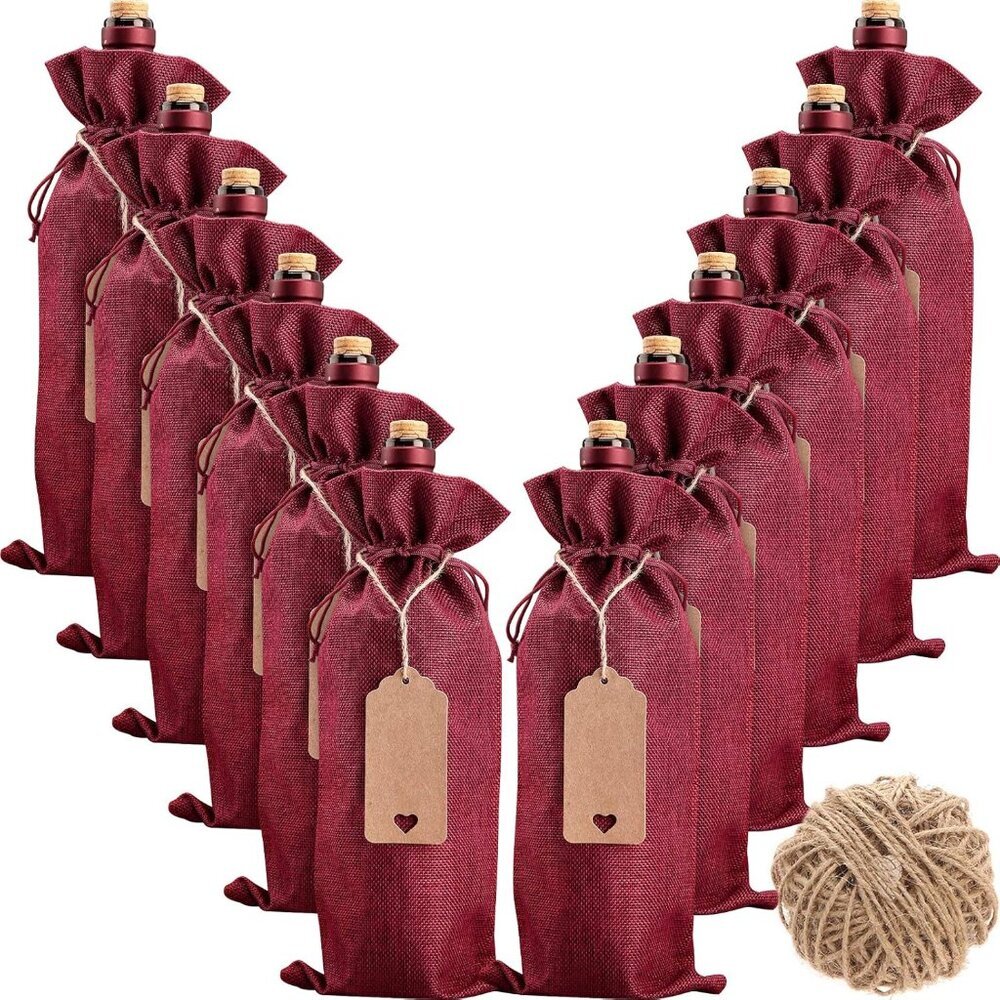 Burlap Wine Bags - 12 Reusable Bottle Covers with Drawstrings, Tags & Rope for G